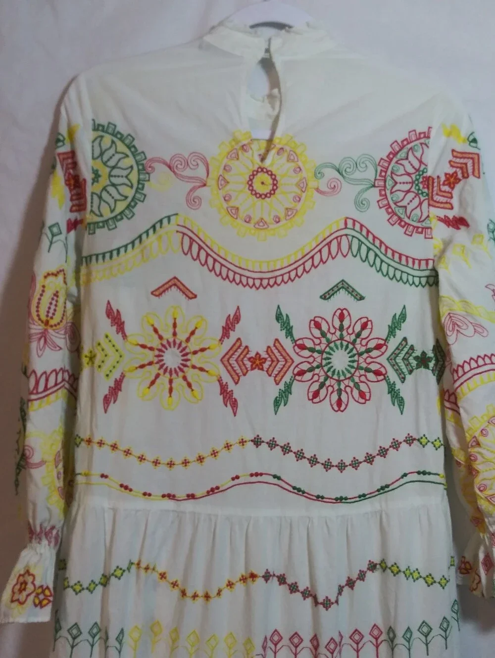 Zara Boho White Maxi Dress with Multicolor Embroidered Medallions Size XS